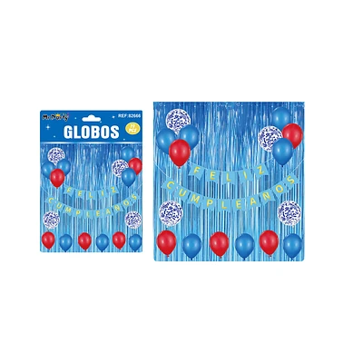 SET DE GLOBOS LATEX Y GUIRNALDA CON CORTINA AZUL 19PCS - 1