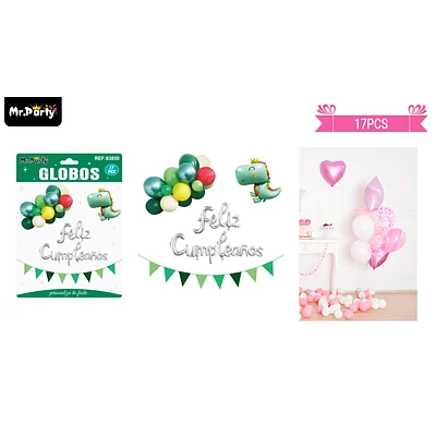 SET DE GLOBOS LATEX Y GUIRNALDA CON DINOSAURIO 17PCS - 1