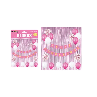 SET DE GLOBOS LATEX Y GUIRNALDA CON CORTINA ROSADO 19PCS - 1