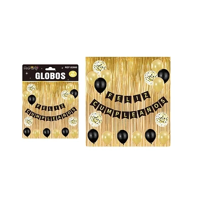 SET DE GLOBOS LATEX Y GUIRNALDA CON CORTINA DORADO 19PCS - 1