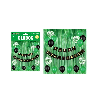 SET DE GLOBOS LATEX Y GUIRNALDA CON CORTINA VERDE 19PCS - 1