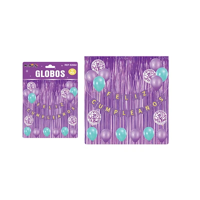 SET DE GLOBOS LATEX Y GUIRNALDA CON CORTINA MORADO 19PCS - 1