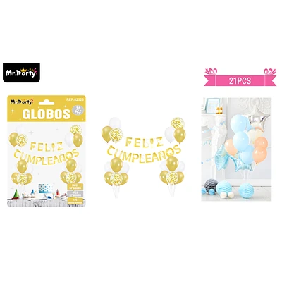 SET DE GLOBOS LATEX Y GUIRNALDA DORADO 21PCS - 1