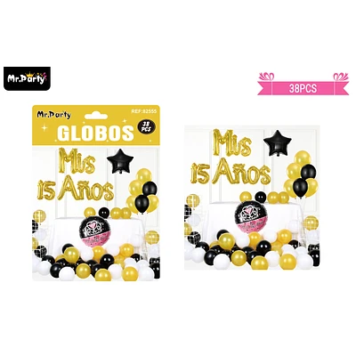 SET DE GLOBOS LATEX MIS 15 AÑOS DORADO Y NEGRO 38PCS - 1