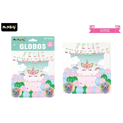 SET DE GLOBOS LATEX Y GUIRNALDA DE UNICORNIO 31PCS - 1