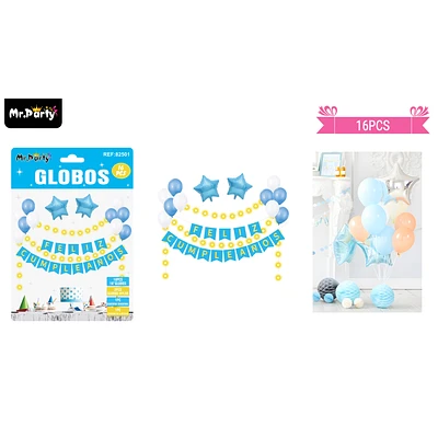 SET DE GLOBOS LATEX Y GUIRNALDA CELESTE CON LUZ 16PCS - 1