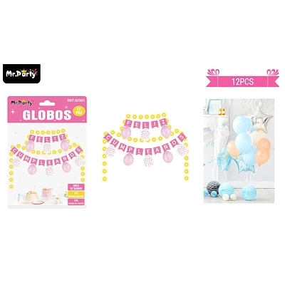 SET DE GLOBOS LATEX Y GUIRNALDA ROSADA CON LUZ 12PCS - 1