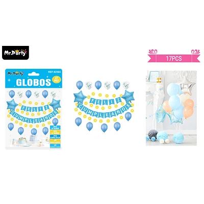 SET DE GLOBOS LATEX Y GUIRNALDA CELESTE CON LUZ 17PCS - 1
