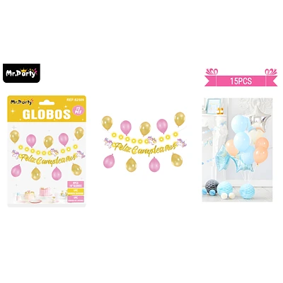 SET DE GLOBOS LATEX Y GUIRNALDA DE UNICORNIO CON LUZ 15PCS - 1