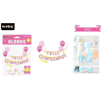 SET DE GLOBOS LATEX Y GUIRNALDA ROSADA CON LUZ 9PCS - 1