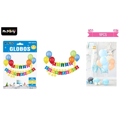 SET DE GLOBOS LATEX Y GUIRNALDA MULTICOLOR CON LUZ 9PCS - 1