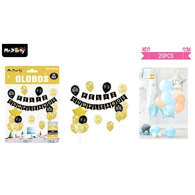 SET DE GLOBOS LATEX Y GUIRNALDA NEGRO Y DORADO 20PCS - 1