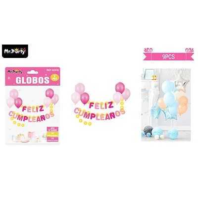 SET DE GLOBOS LATEX Y GUIRNALDA ROSADO CON LUZ 9PCS - 1
