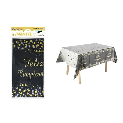 MANTEL FELIZ CUMPLEAÑOS NEGRO CON ESTRELLA Y PUNTO 137*183CM - 1