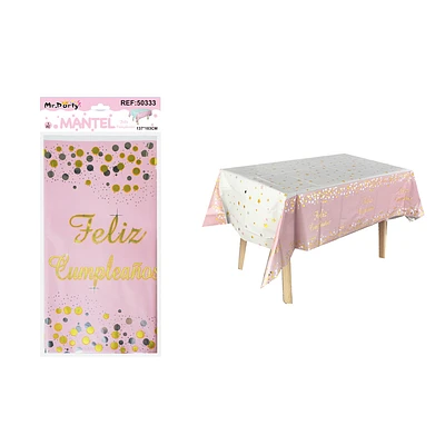 MANTEL FELIZ CUMPLEAÑOS ROSADO CON ESTRELLA Y PUNTO 137*183CM - 1