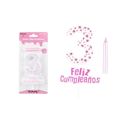 VELA DE CUMPLEAÑOS NUMERO 3 ESTRELLA ROSADO CLARO - 1