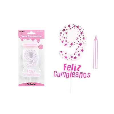 VELA DE CUMPLEAÑOS NUMERO 9 ESTRELLA ROSADO CLARO - 1