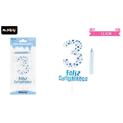 VELA DE CUMPLEAÑOS NUMERO 3 ESTRELLA CELESTE - 1