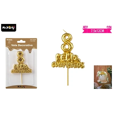 VELA DE FELIZ CUMPLEAÑOS Y NUMERO 8 DORADO - 1