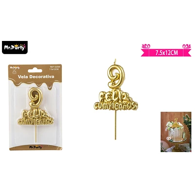 VELA DE FELIZ CUMPLEAÑOS Y NUMERO 9 DORADO - 1