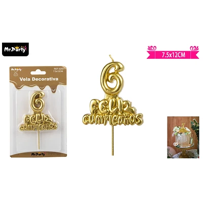 VELA DE FELIZ CUMPLEAÑOS Y NUMERO 6 DORADO - 1