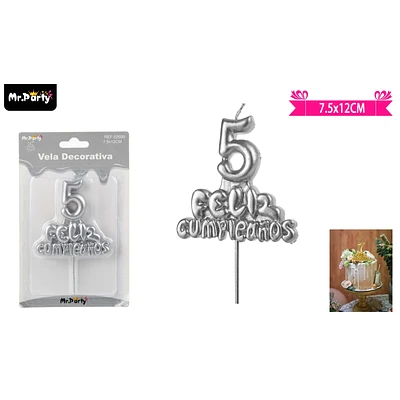 VELA DE FELIZ CUMPLEAÑOS Y NUMERO 5 PLATEADO - 1