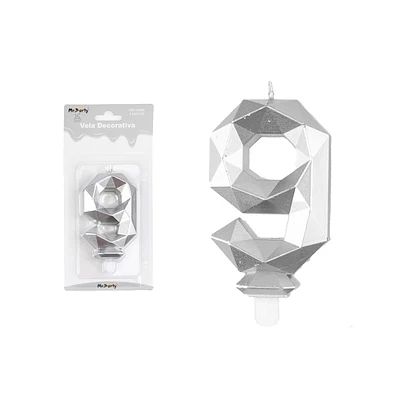 VELA DE NUMERO 9 PLATEADO EN 3D - 1