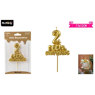 VELA DE FELIZ CUMPLEAÑOS Y NUMERO 2 DORADO - 1