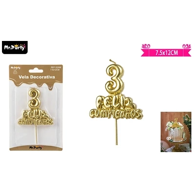 VELA DE FELIZ CUMPLEAÑOS Y NUMERO 3 DORADO - 1