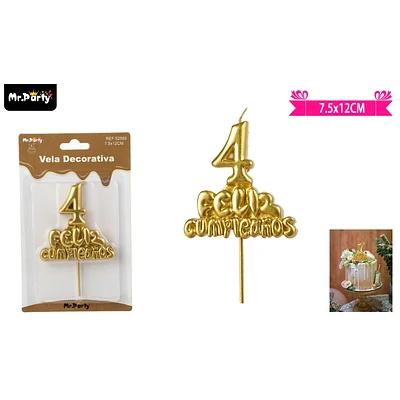 VELA DE FELIZ CUMPLEAÑOS Y NUMERO 4 DORADO - 1