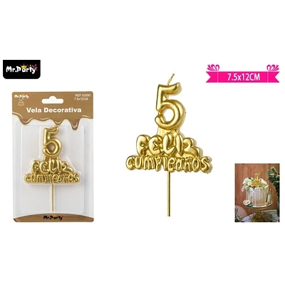 VELA DE FELIZ CUMPLEAÑOS Y NUMERO 5 DORADO - 1
