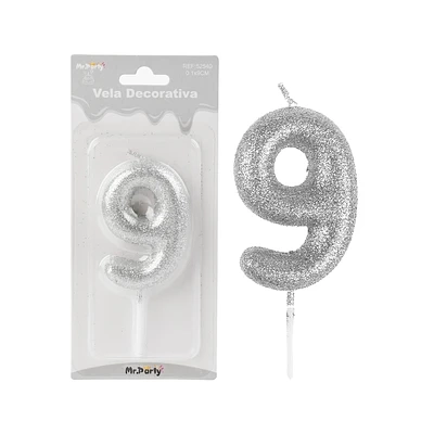 VELA DE NUMERO 9 PLATEADO METALICO BRILLANTE 5.5CM - 1