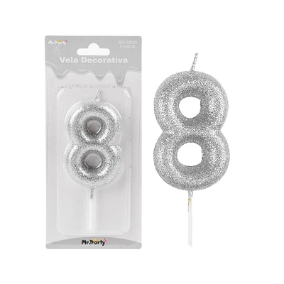 VELA DE NUMERO 8 PLATEADO METALICO BRILLANTE 5.5CM - 1