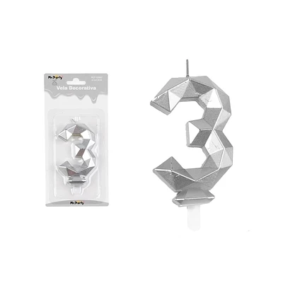 VELA DE NUMERO 3 PLATEADO EN 3D - 1