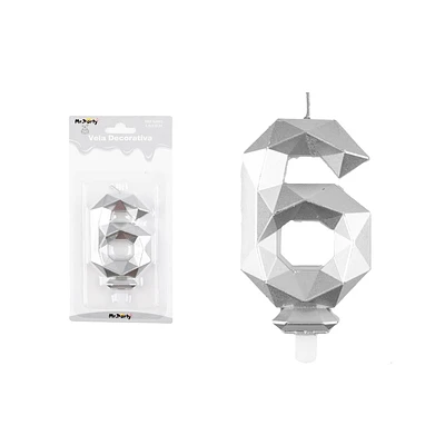 VELA DE NUMERO 6 PLATEADO EN 3D - 1