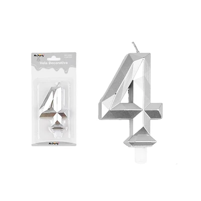 VELA DE NUMERO 4 PLATEADO EN 3D - 1