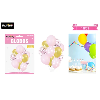 SET DE GLOBOS DE LATEX 11PCS FELIZ CUMPLEAÑOS ROSADO Y DORADO - 1