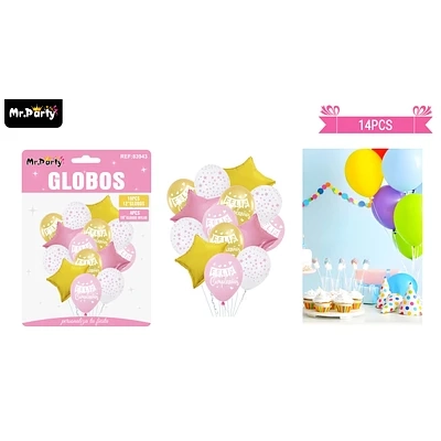 SET DE GLOBOS DE LATEX 14PCS FELIZ CUMPLEAÑOS ROSADO Y DORADO - 1