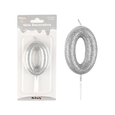 VELA DE NUMERO 0 PLATEADO METALICO BRILLANTE 5.5CM - 1