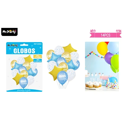 SET DE GLOBOS DE LATEX 14PCS FELIZ CUMPLEAÑOS AZUL Y DORADO - 1