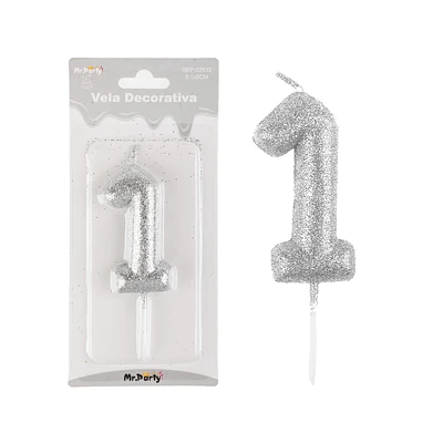 VELA DE NUMERO 1 PLATEADO METALICO BRILLANTE 5.5CM - 1