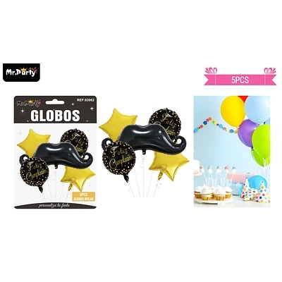 SET DE GLOBOS DE LATEX 5PCS FELIZ CUMPLEAÑOS NEGRO Y DORADO - 1