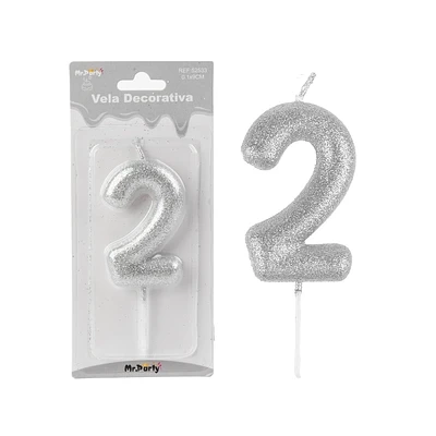 VELA DE NUMERO 2 PLATEADO METALICO BRILLANTE 5.5CM - 1