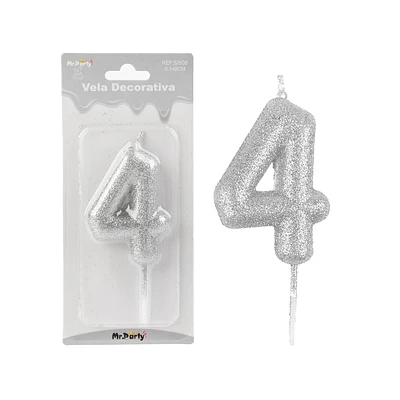 VELA DE NUMERO 4 PLATEADO METALICO BRILLANTE 5.5CM - 1