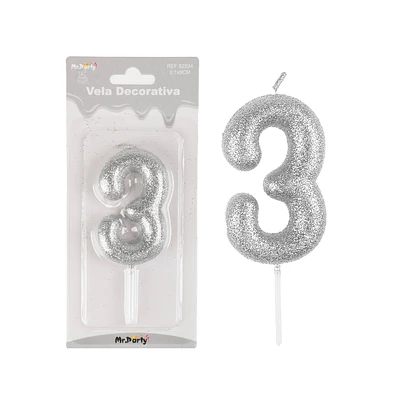 VELA DE NUMERO 3 PLATEADO METALICO BRILLANTE 5.5CM - 1