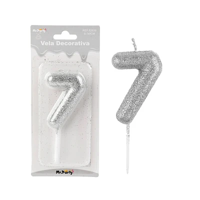 VELA DE NUMERO 7 PLATEADO METALICO BRILLANTE 5.5CM - 1