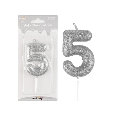 VELA DE NUMERO 5 PLATEADO METALICO BRILLANTE 5.5CM - 1