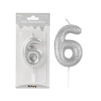 VELA DE NUMERO 6 PLATEADO METALICO BRILLANTE 5.5CM - 1