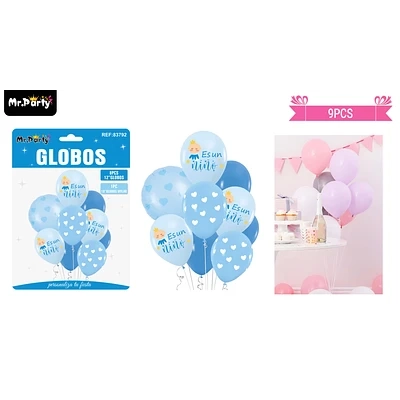 SET DE GLOBOS DE LATEX 9PCS BABY SHOWER ES UN NIÑO CELESTE - 1