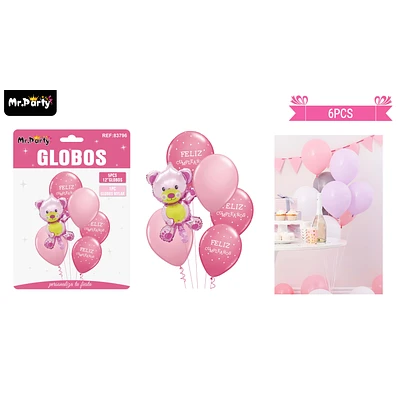 SET DE GLOBOS DE LATEX 6PCS OSO ROSADO - 1